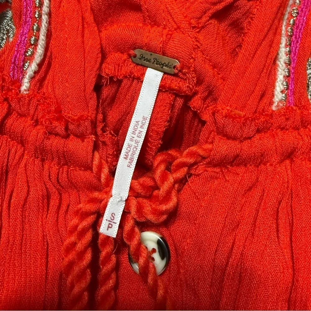 Free People Bali Will Wait For You Boho V Neck Midi Dress Red Embroidered Size S